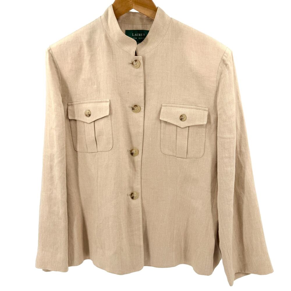 Vintage Y2K Lauren Ralph Lauren Tan 100% Linen Safari Blazer Jacket
